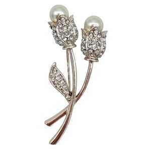 Vintage Rhinestone Tulip Brooch Silver Tone Pearl Flower Spray Pin